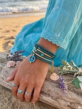 Turquoise Beaded Multi-Strand Peace Charm Bracelet